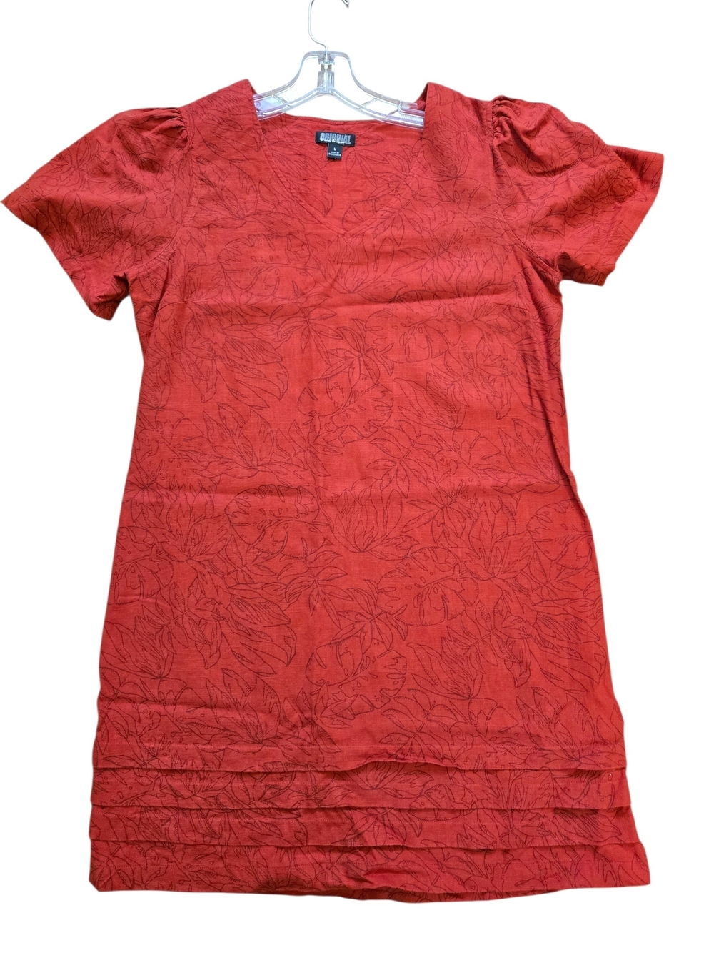 Nicole Miller Linen Blend Shift Dress, Red Botanical Leaf Print, V-Neck Lg